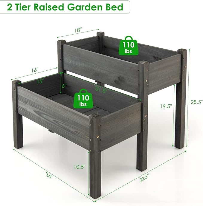 S AFSTAR Raised Garden Bed Set of 2, Wood Elevated Planter Beds with 8 Drainage Holes & 2 Planter Boxes, 3.5 Cu.Ft Outdoor Planting Container for Flowers Vegetables Herbs