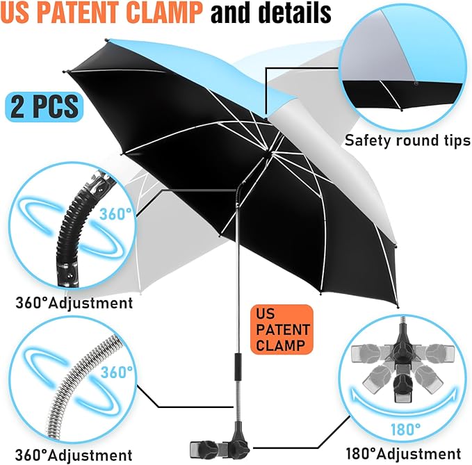 2 Pack Beach Umbrella with 360 Universal Clamp, UPF50+ Umbrella Outdoor Patio Sun Protection for Chairs, Beach &Patio Use (Not Include Chair)