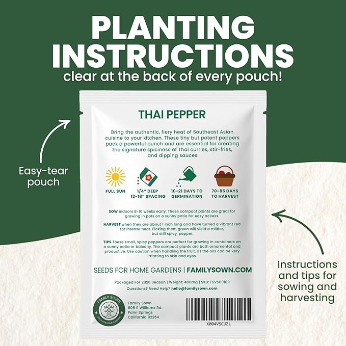 Thai Pepper – 45 Premium Seeds for Planting – Hot, Productive, Compact Variety for the 2026 Season – 400 Milligram Pouch
