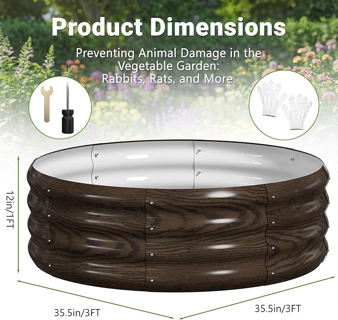 DoCred 3 Pack 3x3x1Ft Round Galvanized Raised Garden Bed, Metal Garden Bed Outdoor Kit for Gardening, Above Ground Planter Box for Plants Vegetables Herbs Flowers, Wood Grain