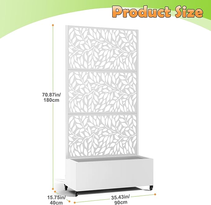 Metal Raised Garden Bed with Trellis, 2 in 1 Trellis with Planter Box & Privacy Screen for Climbing Plants, Vine, Outdoor Standing Flower Beds with Drainage Holes, 35.4"L x 15.7"W x 70.10"H,(White)