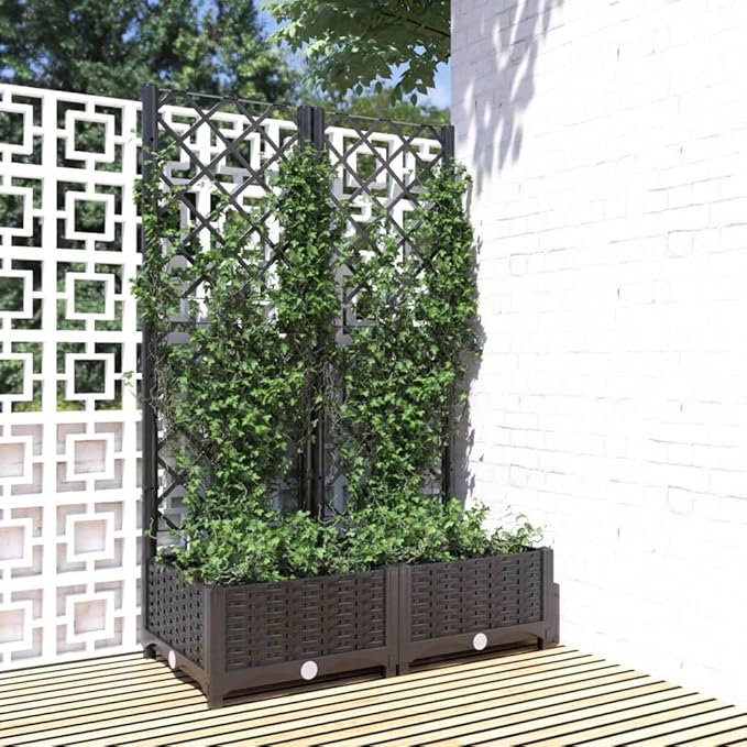 Raised Garden Planter with Trellis Black 31.5"x15.7"x47.8" PP Material Elevated Garden Bed for Outdoor Plants and Flowers, for Climbing Plants Like Tomatoes, Peas, and Roses