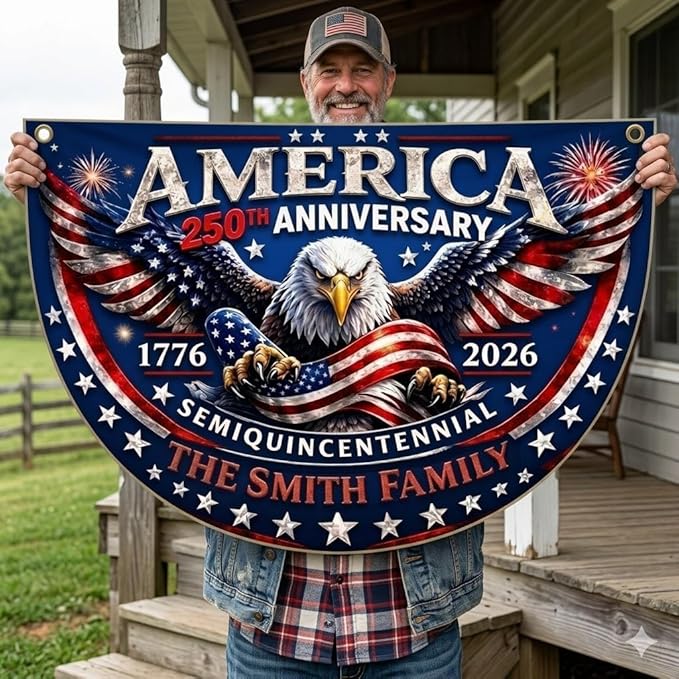 Custom Family Name 250th Anniversary Bunting Flag, Personalized America Birthday 1776 2026 Patriotic Outdoor Banner, July 4th Independence Porch Decor, Semicircle Fence Sign