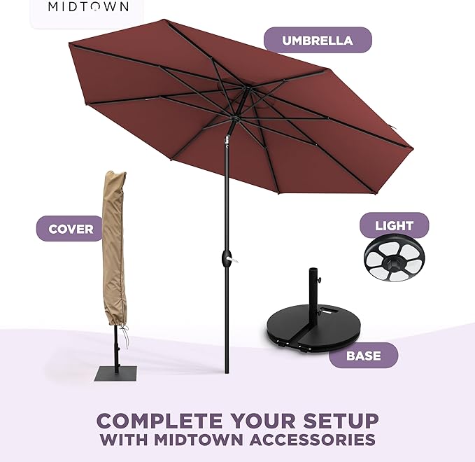 Midtown Umbrellas - 10-Year-No-Fade 10 Ft Patio Umbrella with Terylast Fabric, Auto-Tilt Aluminum Frame and 8 Reinforced Ribs for Deck, Pool, Garden & Beach - Cherry Burgundy Canopy, Black Pole