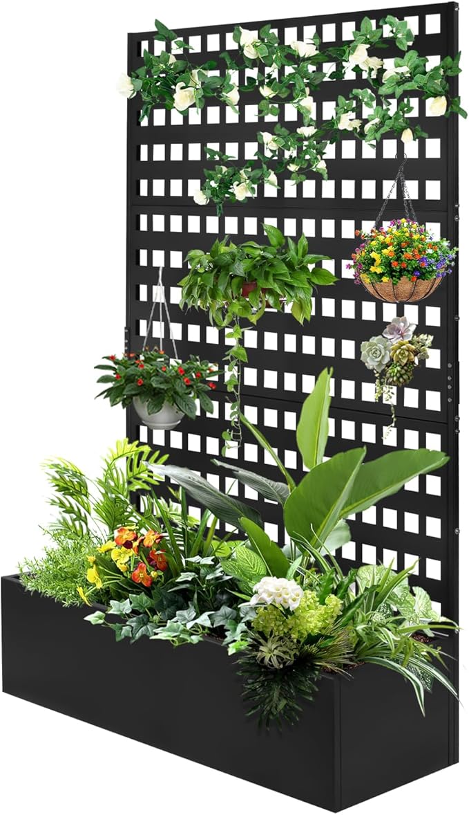 Metal Planter Box with Trellis Raised Garden Bed with Drainage Holes， Privacy Planters for Patio as a Privacy Screen for Climbing Plants Outdoor (46x18x71Inch)