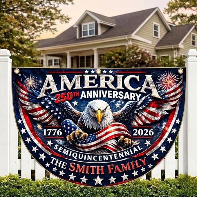 Custom Family Name 250th Anniversary Bunting Flag, Personalized America Birthday 1776 2026 Patriotic Outdoor Banner, July 4th Independence Porch Decor, Semicircle Fence Sign
