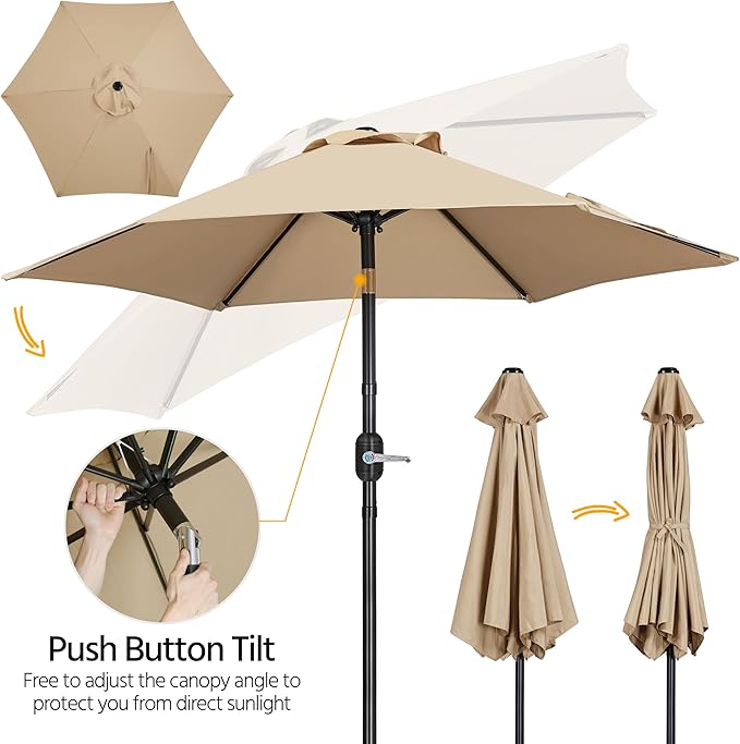 Yaheetech Outdoor Patio Umbrella, 7.5ft Table Market Umbrella with Push Button Tilt and Crank & Sturdy Ribs UV Protection for Garden, Deck, Backyard, Pool, Tan
