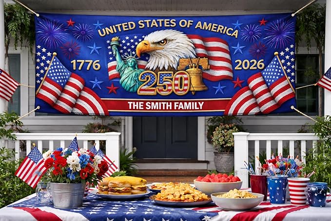 Personalized 250 Years of Freedom USA Banner 1776-2026, Patriotic American Eagle Flag for Independence Day, Customizable Family Name Outdoor Banner, USA Anniversary Decoration for Gardens & Porches A2