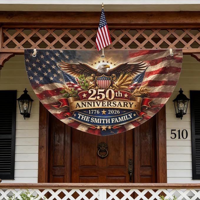 Personalized USA 250th Anniversary Bunting Flag 1776-2026, Double Sided Heavy Duty Patriotic Non-Pleated Fan Flag with Custom Family Name, 4th of July America Porch/Fence/Wall/Outdoor Decor