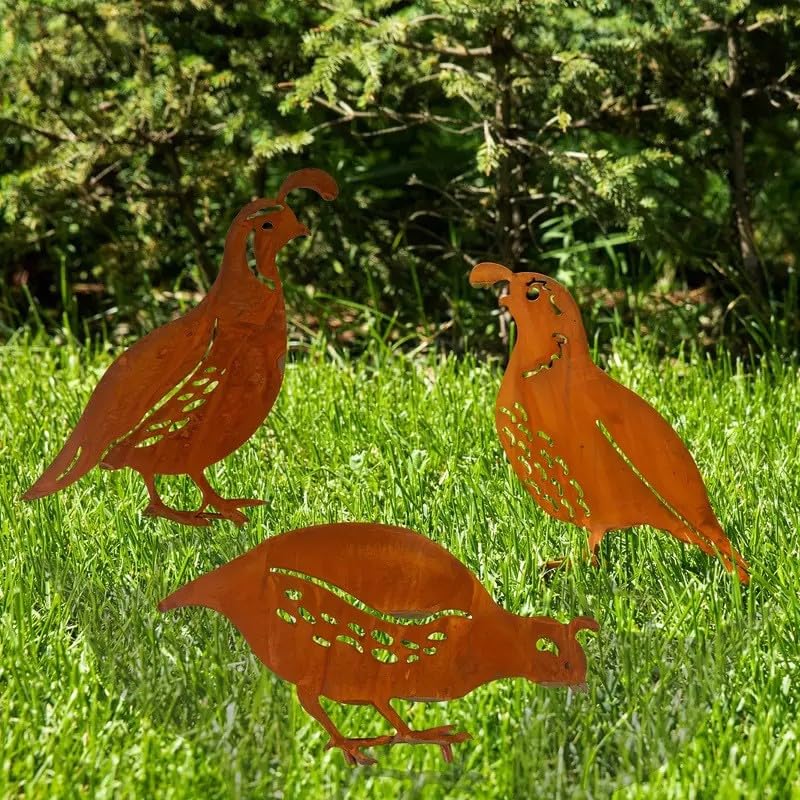3 Pack Rusty Quail Family Decorative Garden Stakes (Brown)