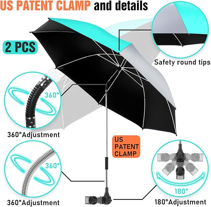 2 Pack Beach Umbrella with 360 Universal Clamp, UPF50+ Umbrella Outdoor Patio Sun Protection for Chairs, Beach &Patio Use (Not Include Chair)