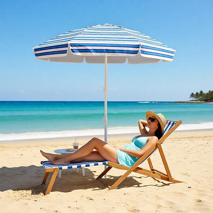 6.5ft Beach Umbrella - Heavy Duty Wind Resistant UV 50+ Portable Sun Shade with Sand Anchor & Carry Bag, Outdoor Folding Umbrella for Beach, Pool, Patio, Garden (Blue diagonal strip)