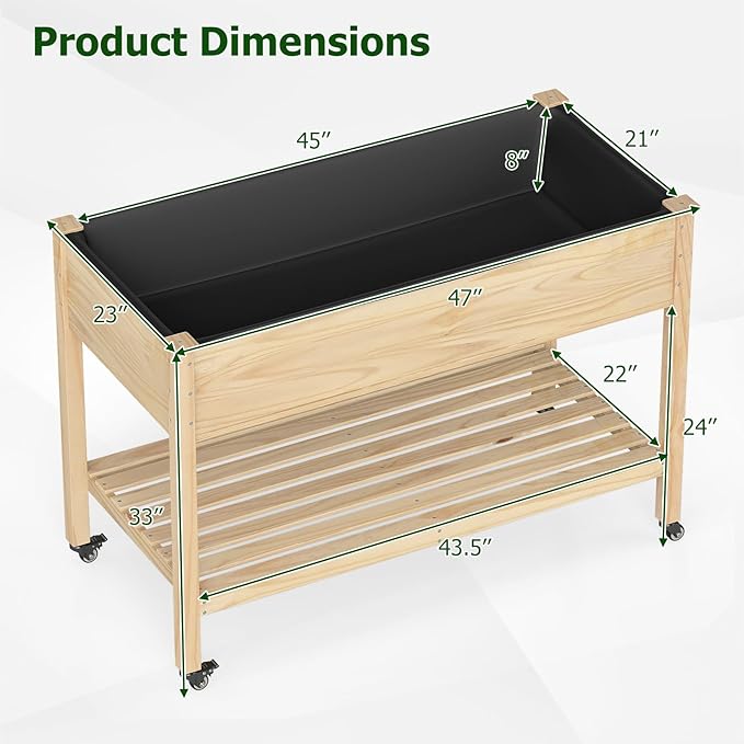 Giantex Mobile Raised Garden Beds Set of 2, Wood Planter Box with Wheels, Storage Shelf & Liner, 47”x23”x33” Rolling Raised Bed for Indoor Outdoor Plants, Vegetables Flower Herbs Fruit Gardening