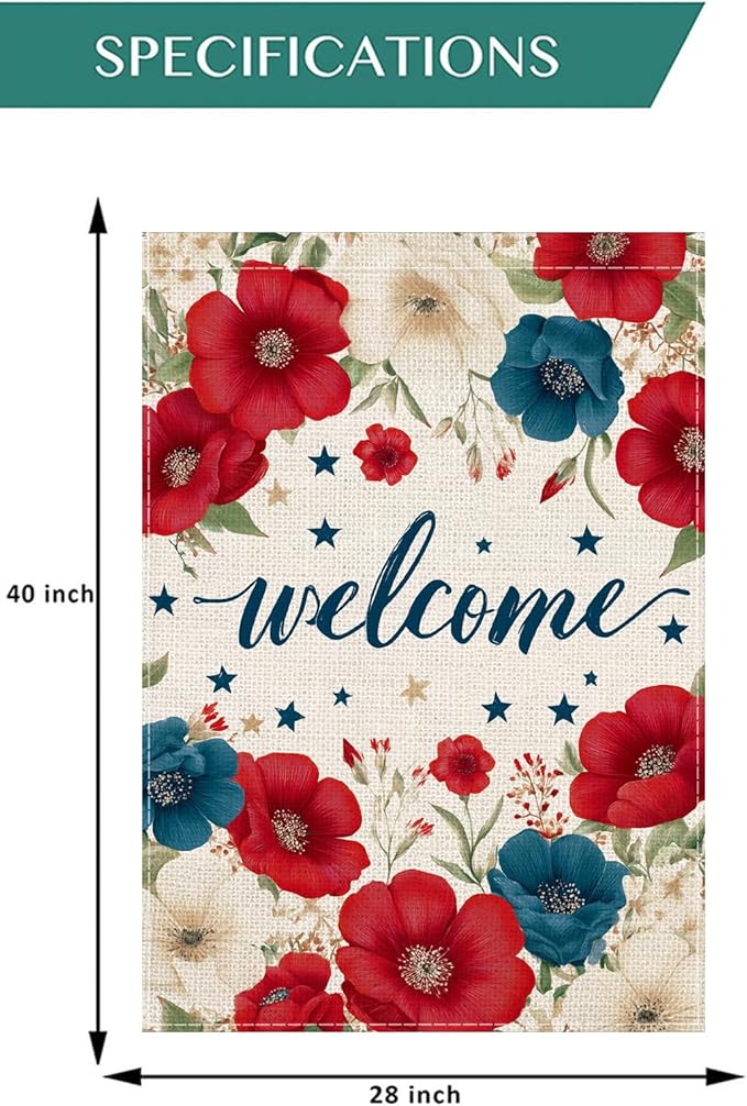 Patriotic Floral Welcome House Flag 28x40 Inch, Double Sided Burlap Red White Blue Flower Outdoor Yard Flag for Front Porch 4th of July Memorial Day Farmhouse Decor
