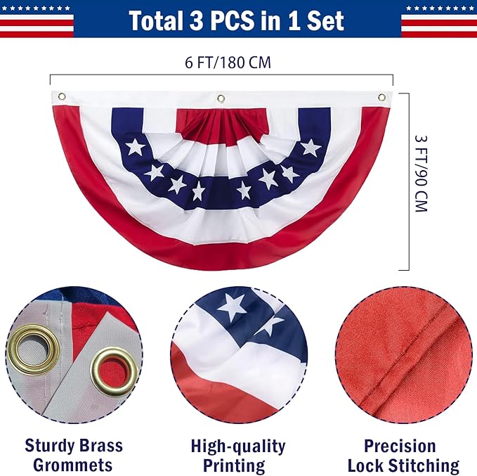 3 Pack 3x6 Ft Bunting Flags Outdoor - Memorial Day Decorations American Flag Bunting for Outside 4th of July Patriotic Decor