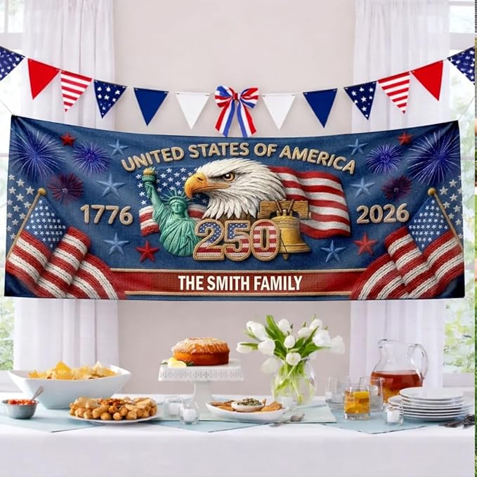 America 250 Banner Custom Family Name American Heritage Display Flag 71x24 Inches Polyester - 250 Anniversary USA Banner Outdoor Indoor