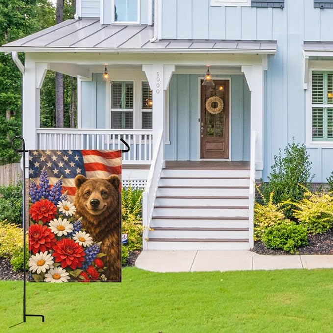 Patriotic Bear Garden Flag 28x40 Inch,USA Flag Floral Animal Outdoor Yard Red White Blue Decor,Double Sided Seasonal Lawn Porch Farm Independence Day Holiday Gift