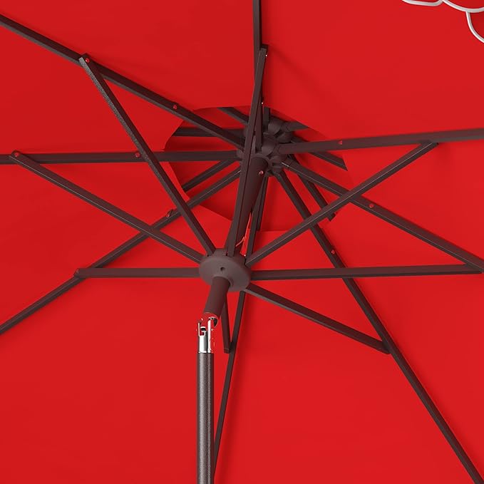 SAFAVIEH 9ft Outdoor Patio Umbrella, Double Top, Valance, Red & White Trim, Double Top, Auto Crank Tilt, UV Resistant for Deck, Backyard, Poolside (PAT8206D)