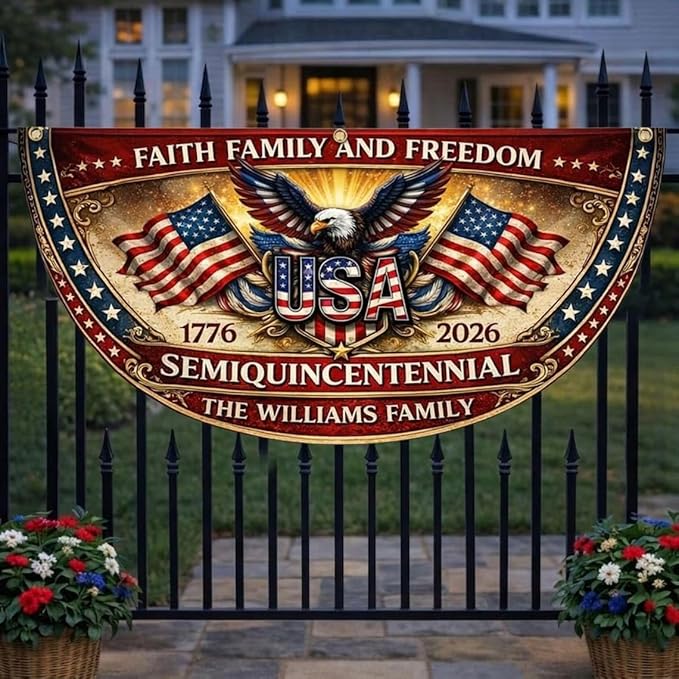 Personalized USA 250 Years of Freedom Fence Flag 1776–2026, Custom Patriotic Eagle Semicircle Banner Gift for Family, America 4th of July Outdoor Yard Decor, 250 Years Anniversary Banner