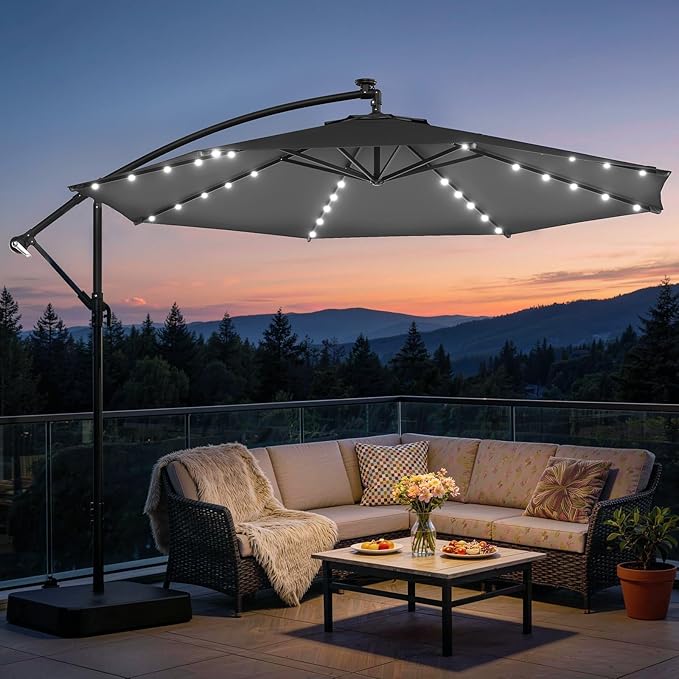 EROMMY 10FT 40LED Patio Umbrella with Base Included, Outdoor Offset Cantilever Umbrella, Infinite Tilt, Crank and Cross Base, UV Protection for Backyard, Lawn, Garden & Pool