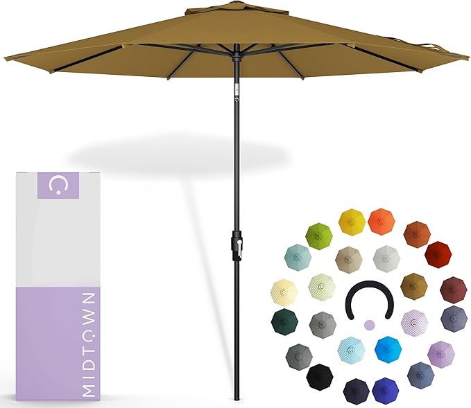 Midtown Umbrellas – The Swilt 10 Ft Patio Umbrellas with 360° Swivel & Tilt Mechanism, 8 Fiberglass Ribs & Terylast Polyester Fabric for Backyard, Deck, Pool & Cafes - Sand Canopy, Black Pole