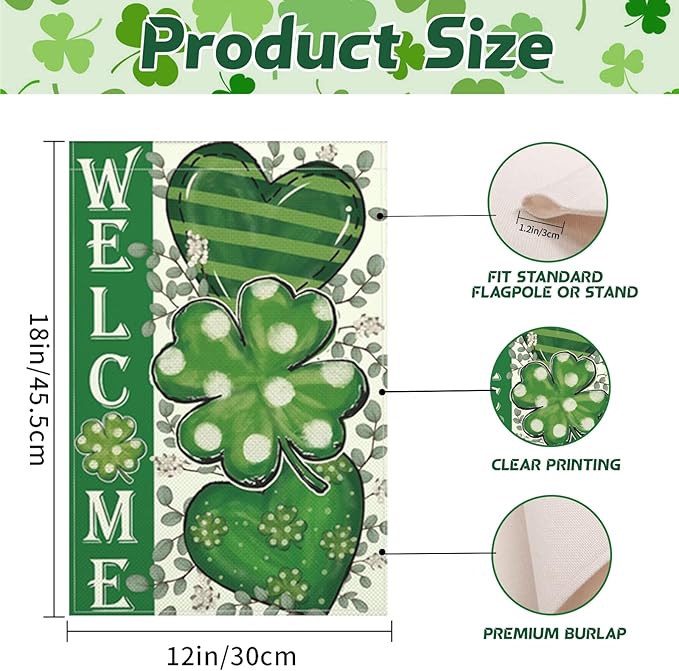 St Patricks Day Garden Flag, 12x18 Inch Double Sided Shamrock Double Hearts Corrugated dots Stripes Green Design Home Decor Farmhouse Indoor Outdoor Yard Flag Decoration