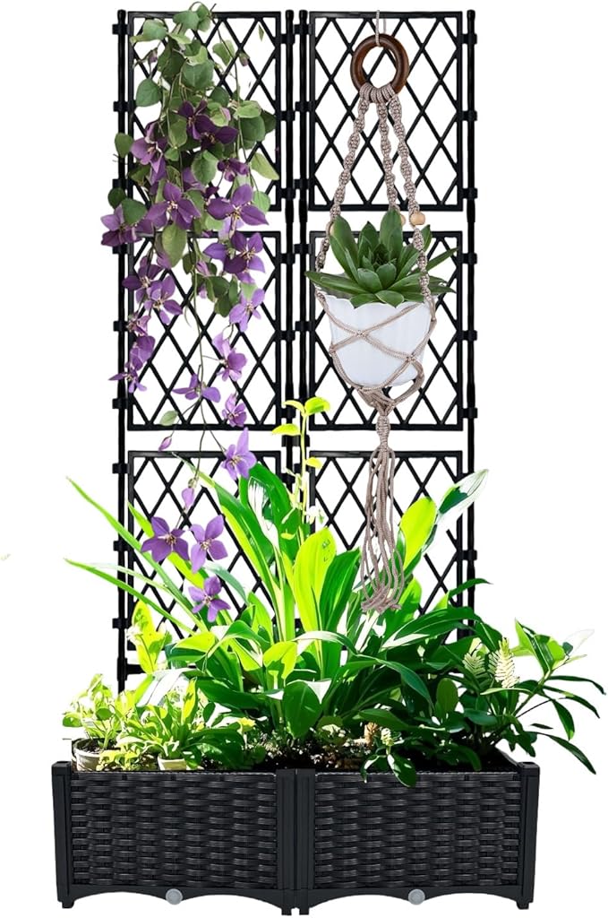 Planter with Trellis - Raised Garden Bed with Trellis 75.5"x31.5"x16", Privacy Screen Planter Box with Drainage Hole, Outdoor Raised Garden Bed for Climbing Plants