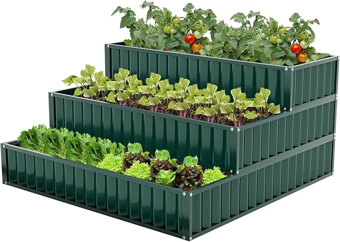 HAPPYGRILL 3-Tier Raised Garden Bed, Galvanized Elevated Garden Bed w/Open-Ended Base for Deep Rooted Plants Vegetables Flowers, Modular Assembly, Outdoor Planter Box for Patio Backyard (1, Green)