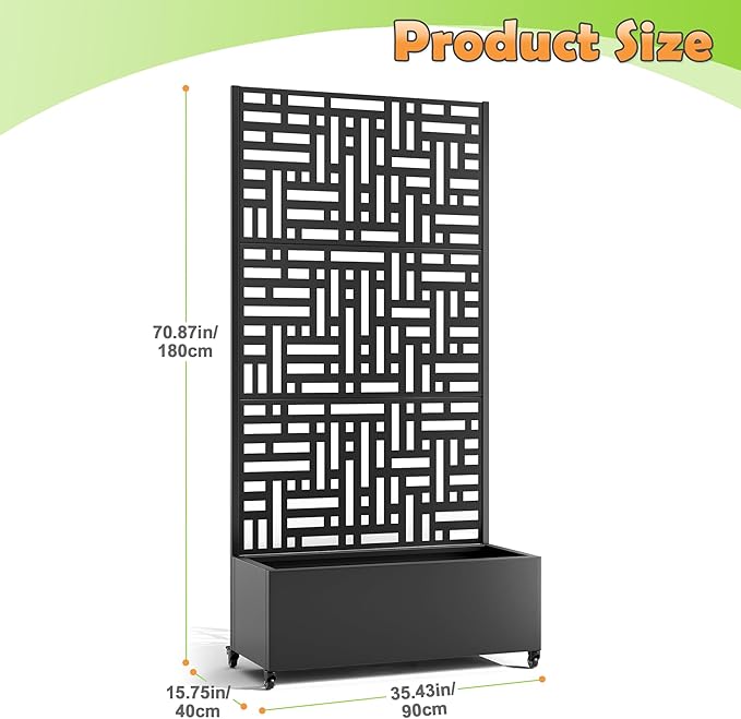 Metal Raised Garden Bed with Trellis, 2-in-1 Planter Box & Privacy Screen for Climbing Plants, Outdoor Standing Flower Bed with Drainage Holes, 35.4" L x 15.7" W x 70.1" H, Black-Helen