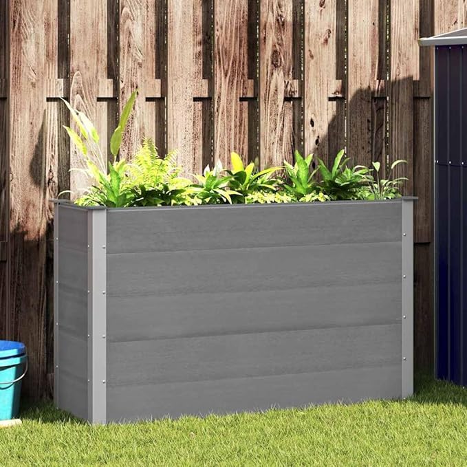Modern Grey Wood-Plastic Composite Raised Garden Bed 59.1x19.7x35.8 Inch, Durable Outdoor Planter Box with Aluminum Frame for Patio Balcony Gardening, UV Resistant Waterproof