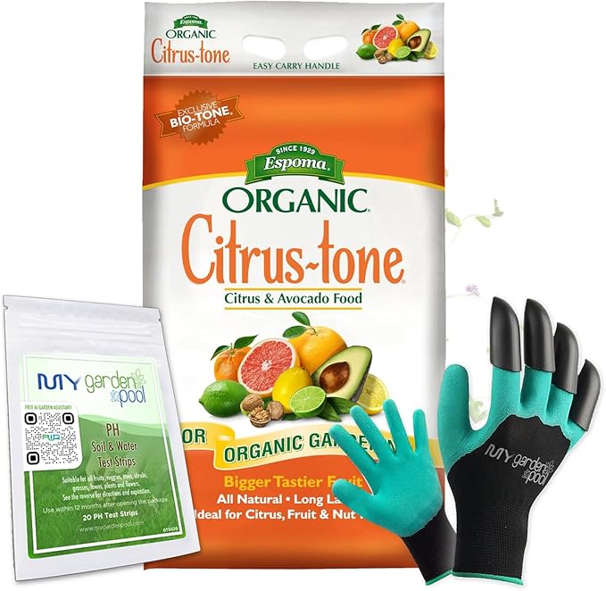 Espoma CT18 Citrus-Tone 5-2-6; 18 lb. Bag with My Garden Pool PH Soil Test Strips 20 ct, and My Garden Pool Superior Gardening Claw Gloves and Garden-IQ, Smart Gardening AI Assistant!