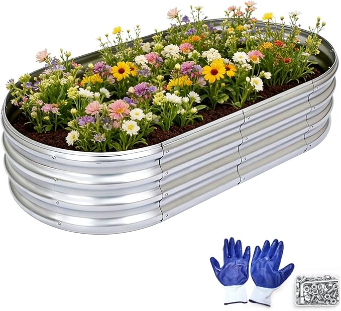 Raised Garden Bed, Outdoor Galvanized Planter Boxes, Oval Large Metal Raised Garden Beds for Vegetables 4×2×1ft,1pack