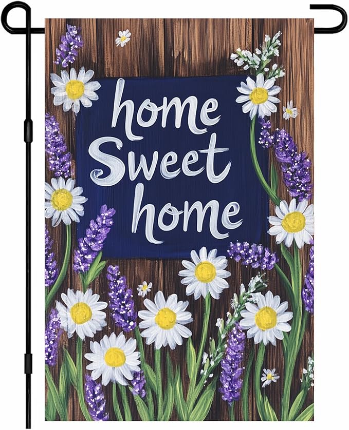 BlissYard Home Sweet Home Garden Flag 12x18 Inch Welcome Yard Flag with Daisy and Lavender Flowers Double Sided Outdoor Floral Banner for Porch Patio Spring Summer Garden Decor