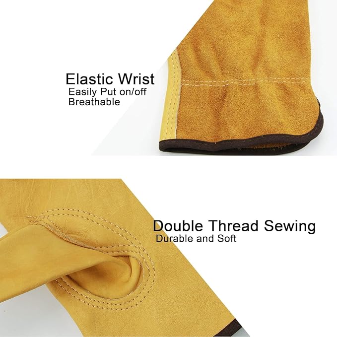 OZERO Leather Work Gloves for Men & Women, 3 Pairs Genuine Cowhide Garden Gloves, Lab Tested EN388 2143X, Flexible Grip, Breathable Unlined Comfort, Elastic Wrist (Gold, Small)