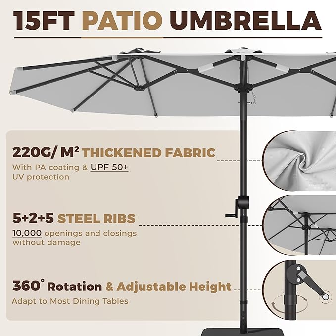 15FT Large Patio Umbrella with Base Included, Outdoor Deck Standing Umbrella with Crank Handle, Double-Side Rectangular Pool Umbrella for Outside, Market, Patio, Light Gray