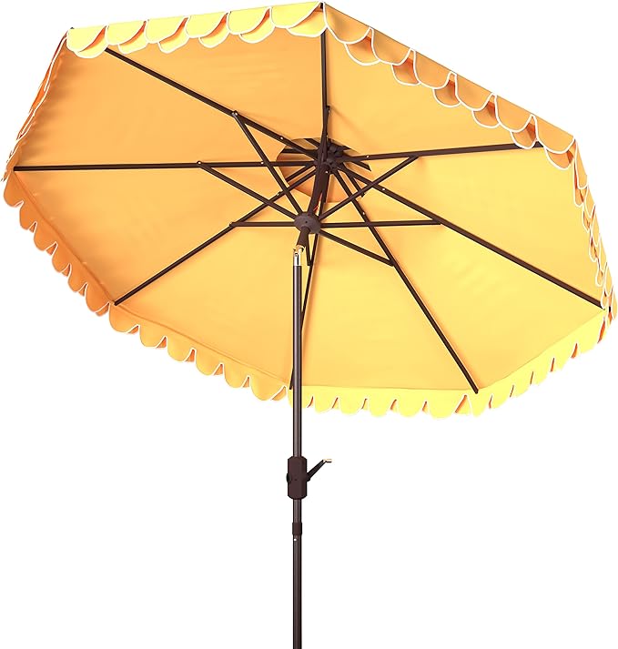 SAFAVIEH 9ft Outdoor Patio Umbrella, Double Top, Valance, Yellow & White Trim, Double Top, Auto Crank Tilt, UV Resistant for Deck, Backyard, Poolside (PAT8206B)