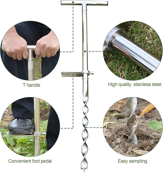 Soil Probe 36 Inch with 2 Bags, Twist Soil Sample Probe for Lawn House Plants, T-Handle Soil Sampler Probe Rod, Stainless Steel Soil Test Kits Tool for Soil Sampling