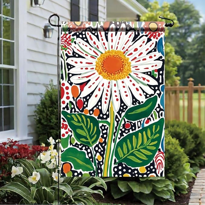 Daisy Garden Flag 12x18 Inch Double Sided Outdoor Yard Banner Bright White Flower with Colorful Leaves Spring Summer Floral Decoration for Porch Patio Lawn Garden Decor