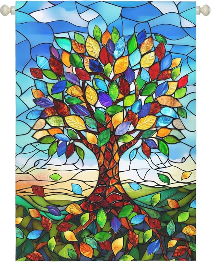 Stained Glass Tree Life House Flag 28 x 40 Double Sided for Outside Large Seasonal Garden Flags Spring Summer Fall Banner Outdoor Lawn Decoration