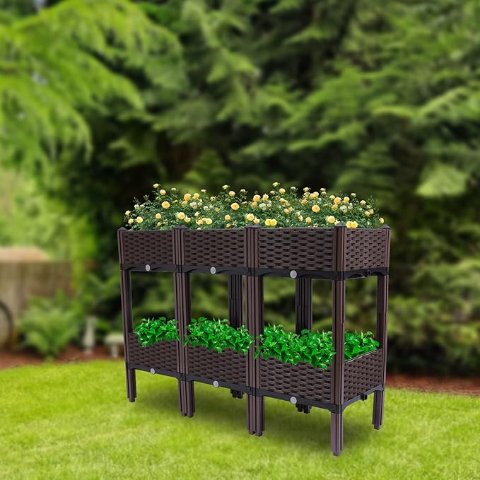 Square Raised Garden Bed, Planter Box Kit, Self-Watering Plastic Planter for Indoor Outdoor Vegetables, Fruits, Potato, Flowers, All Weather, 3.9ft*15.7in*33.8in
