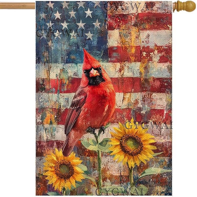 Cardinal Bird House Flag 28x40 Inch Double Sided, Patriotic 4th of July Sunflowers American Burlap Yard Flag for Memorial Day Independence Day Holiday Outside Decorations