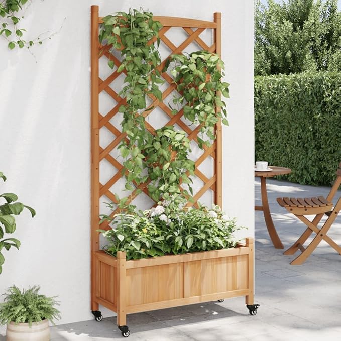 Large Rectangular Wooden Planter with Built-in Trellis Brown Outdoor Garden Bed for Climbing Plants and Vegetables Featuring Castor Wheels and Natural Finish