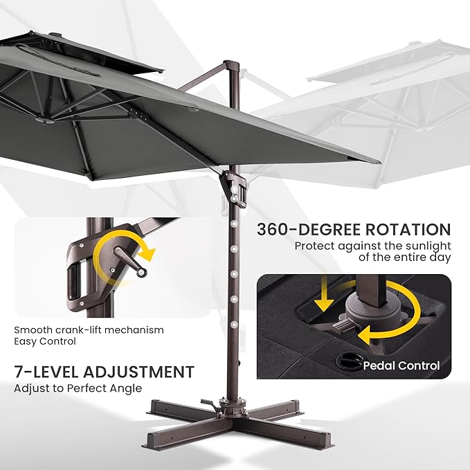 10x10 FT Cantilever Patio Umbrella Double Top Outdoor Square Large Heavy Duty Aluminum Offset Umbrellas with 7 Level Tilt 360-degree Rotation for Pool Garden Deck, Grey