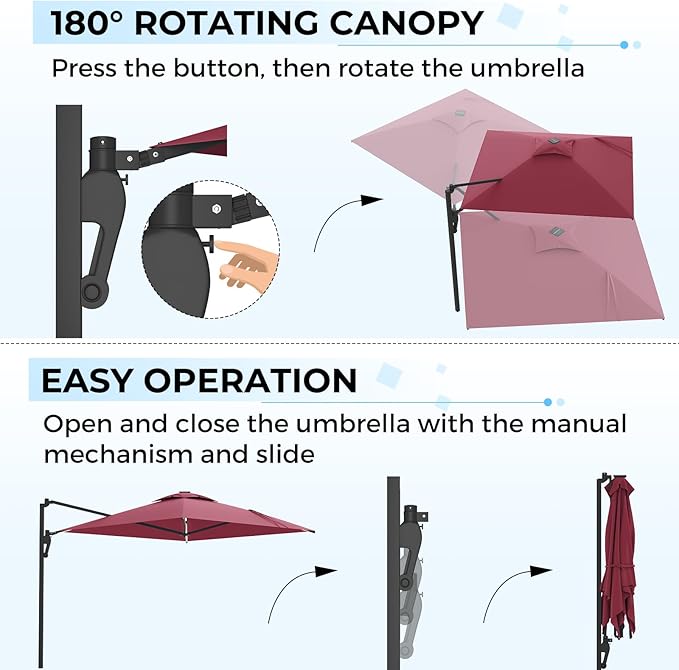 AECOJOY 10ft Solar LED Wall Mounted Outdoor Patio Umbrella, Rectangular Large Offset Cantilever Umbrellas with 180° Rotation Sun Canopy for Deck Pool Garden Backyard, Save Space, Red