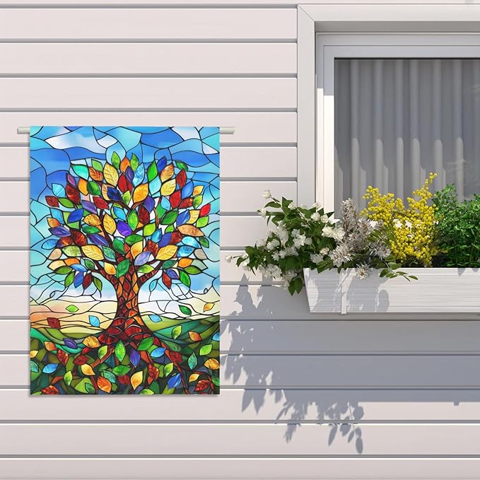 Stained Glass Tree Life House Flag 28 x 40 Double Sided for Outside Large Seasonal Garden Flags Spring Summer Fall Banner Outdoor Lawn Decoration