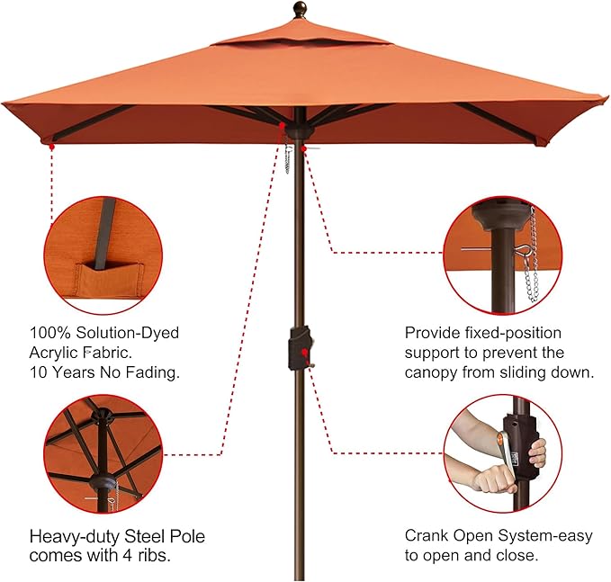 EliteShade 6x6Ft Rectangular Market Umbrella Patio Outdoor Table Umbrella with Ventilation and 5 Years Non-Fading Top,Rust