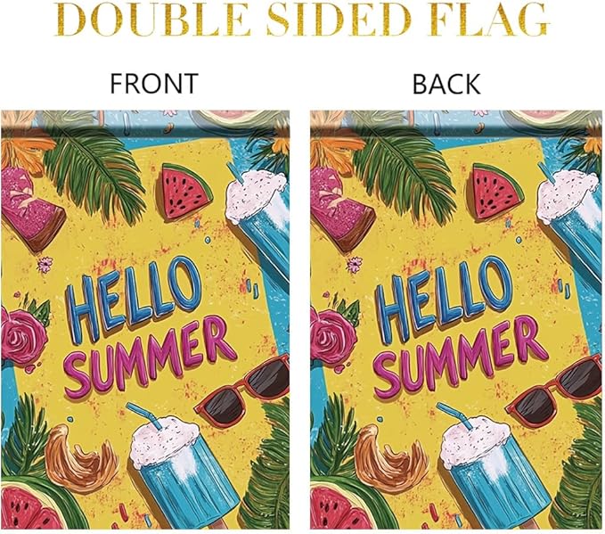 Hello Summer Garden Flag 12x18 Inch Double Sided Outdoor Yard Banner Colorful Tropical Fruits Ice Cream Sunglasses Design Seasonal Welcome Decor for Patio Porch Lawn