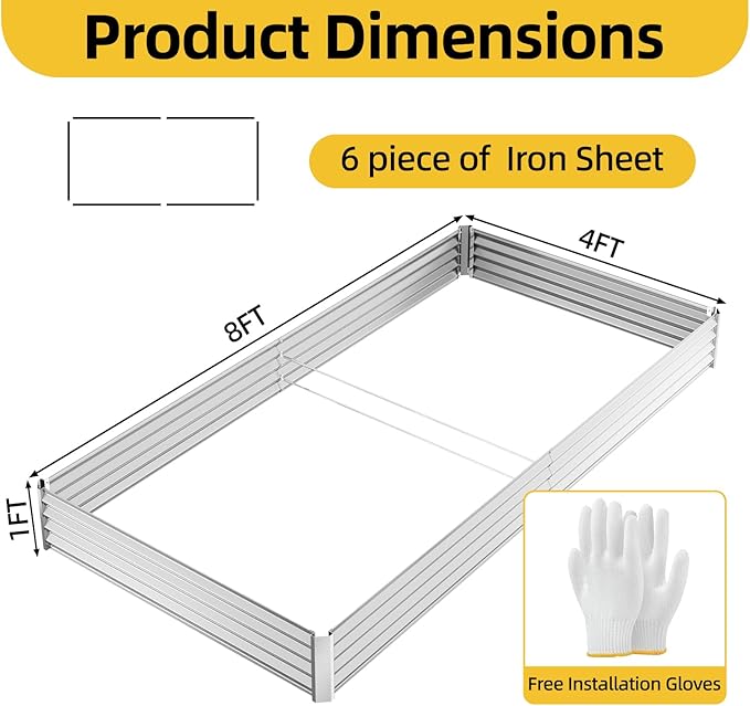 SUPERLELE 8x4x1ft Galvanized Raised Garden Bed, Thickened Metal Planter Box for Outdoor Vegetables & Flowers, Silver Large Garden Bed Kit, 96" L x 48" W x 12" H