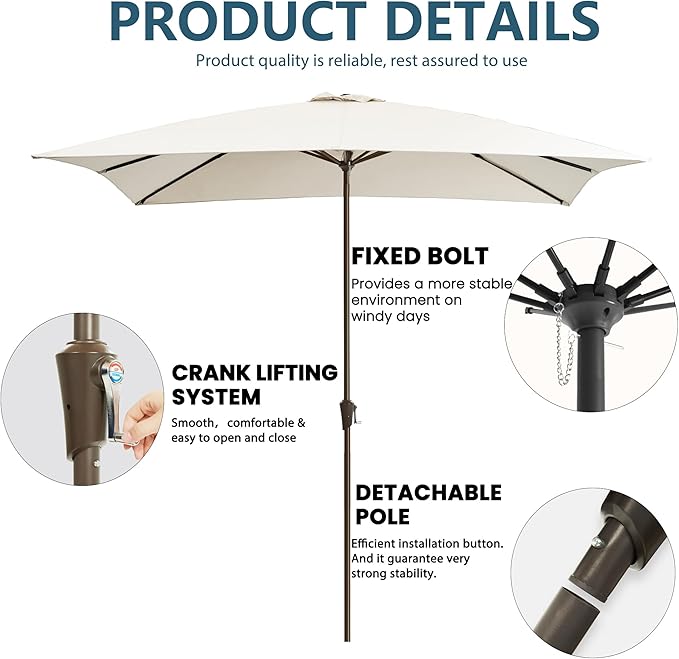 8x10FT Rectangular Patio Umbrella with Push Button Tilt & Crank Lift for Garden,UV Protection Outdoor Umbrella for Deck,Pool and Yard,White