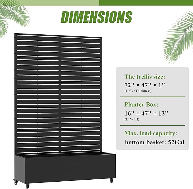 Casaphoria 72"x47" Metal Raised Garden Bed with Trellis(2 Pack), Outdoor Planter Box with Wheels & Drainage Holes for Climbing Plants, Flowers, Elevated Garden Kit with Privacy Screen, Black-Louvered